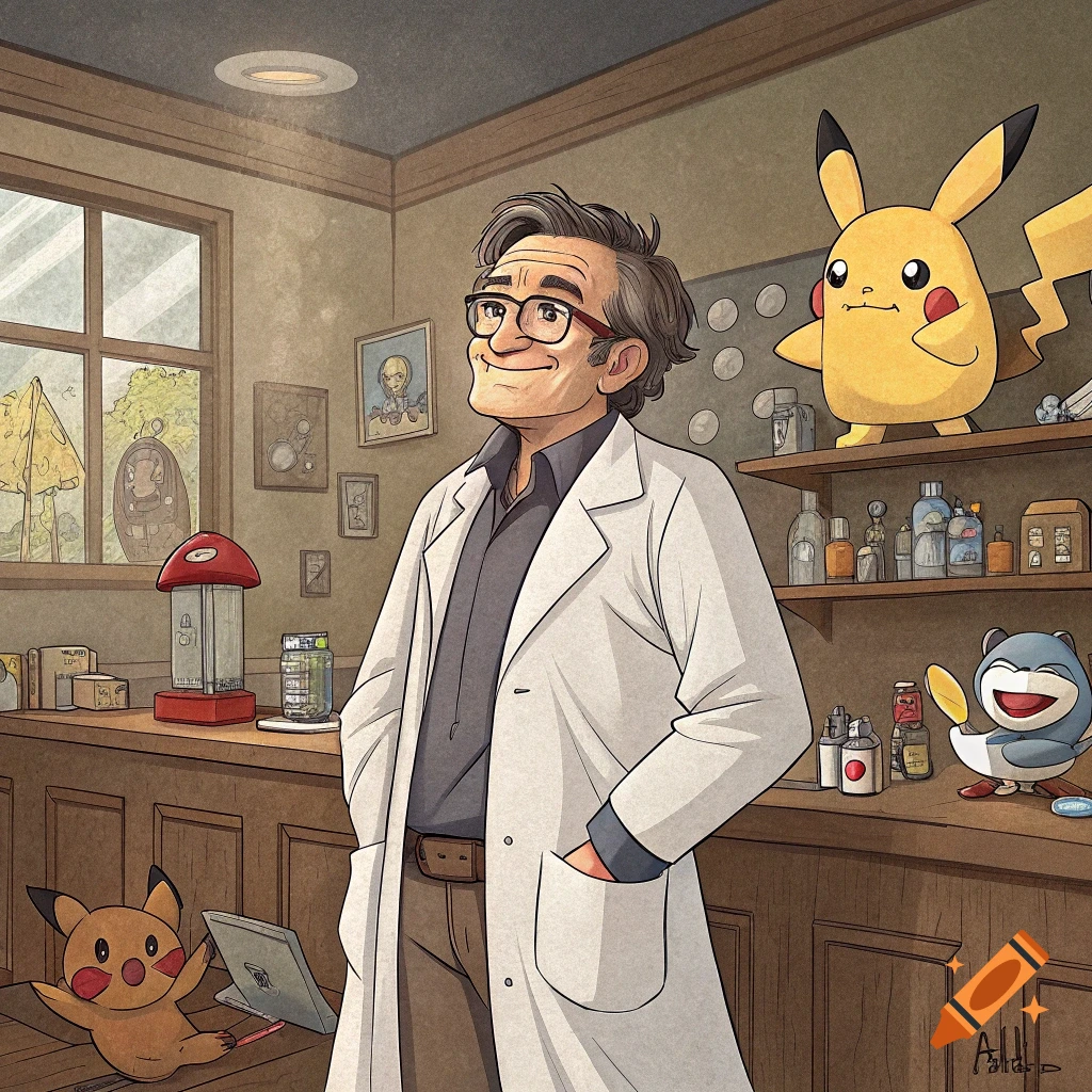 Cartoon illustration of a man resembling Robin Williams as Professor Oak in a lab coat standing in a room with Pokemon.