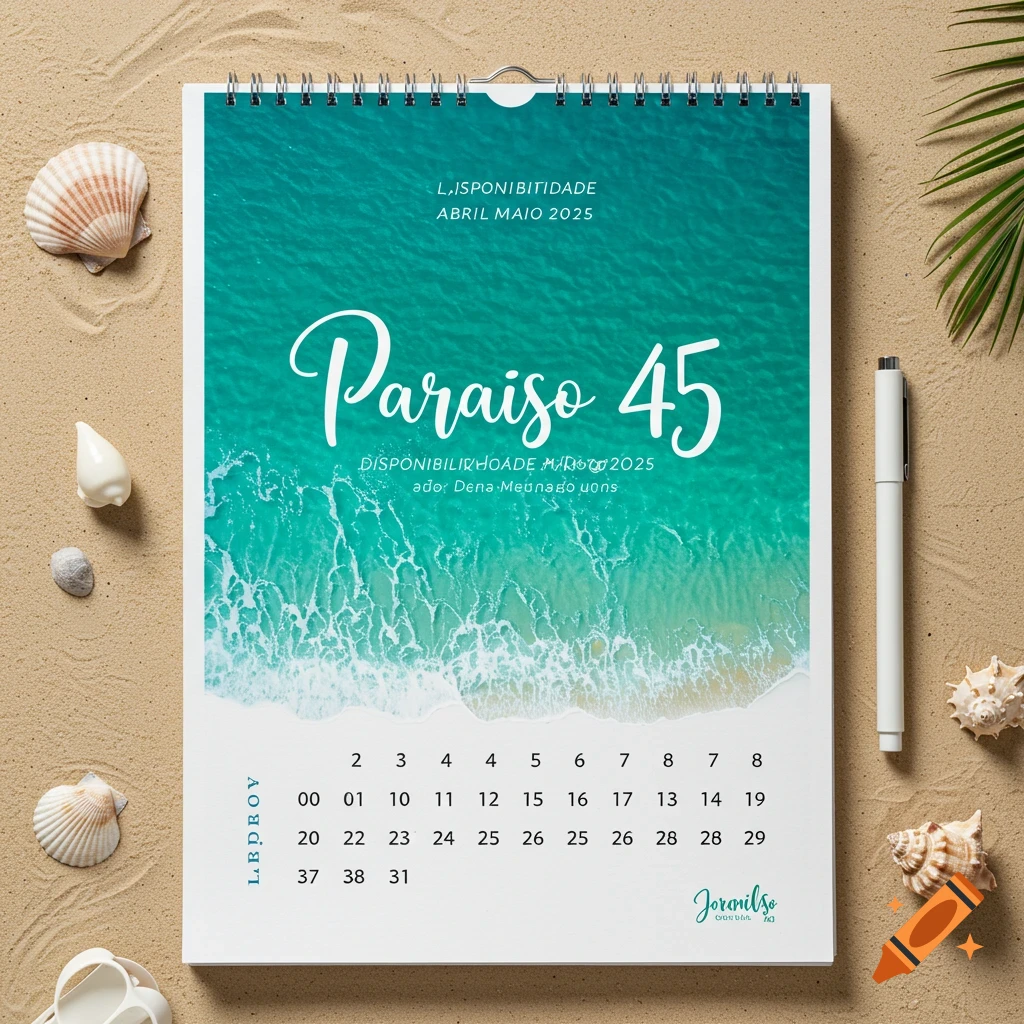 Calendar on sand with shells and a pen, beach background