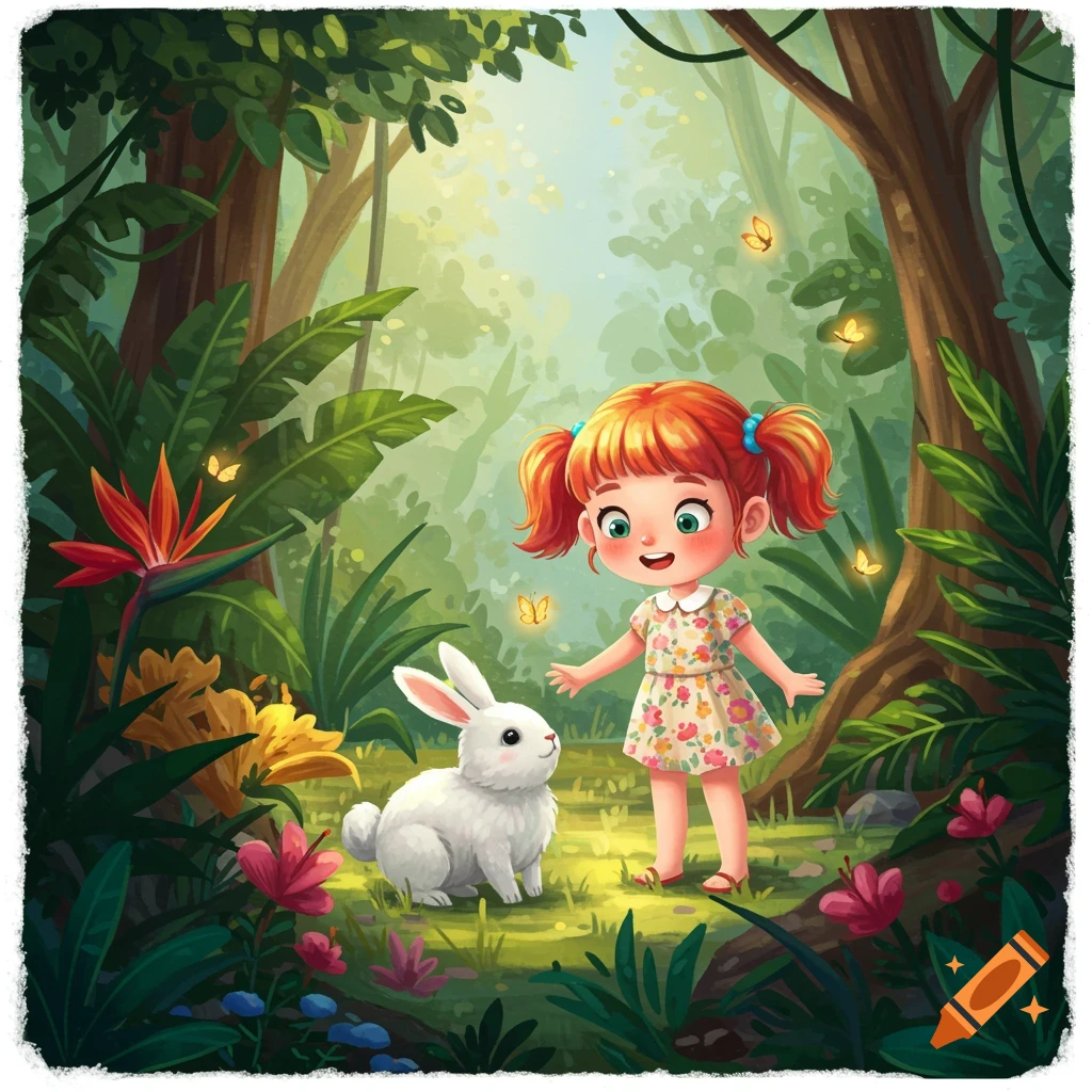 A young girl with pigtails meets a white rabbit in a vibrant, whimsical jungle.