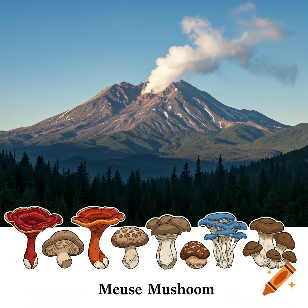Illustrated mushrooms in the foreground with a photorealistic mountain emitting steam in the background.