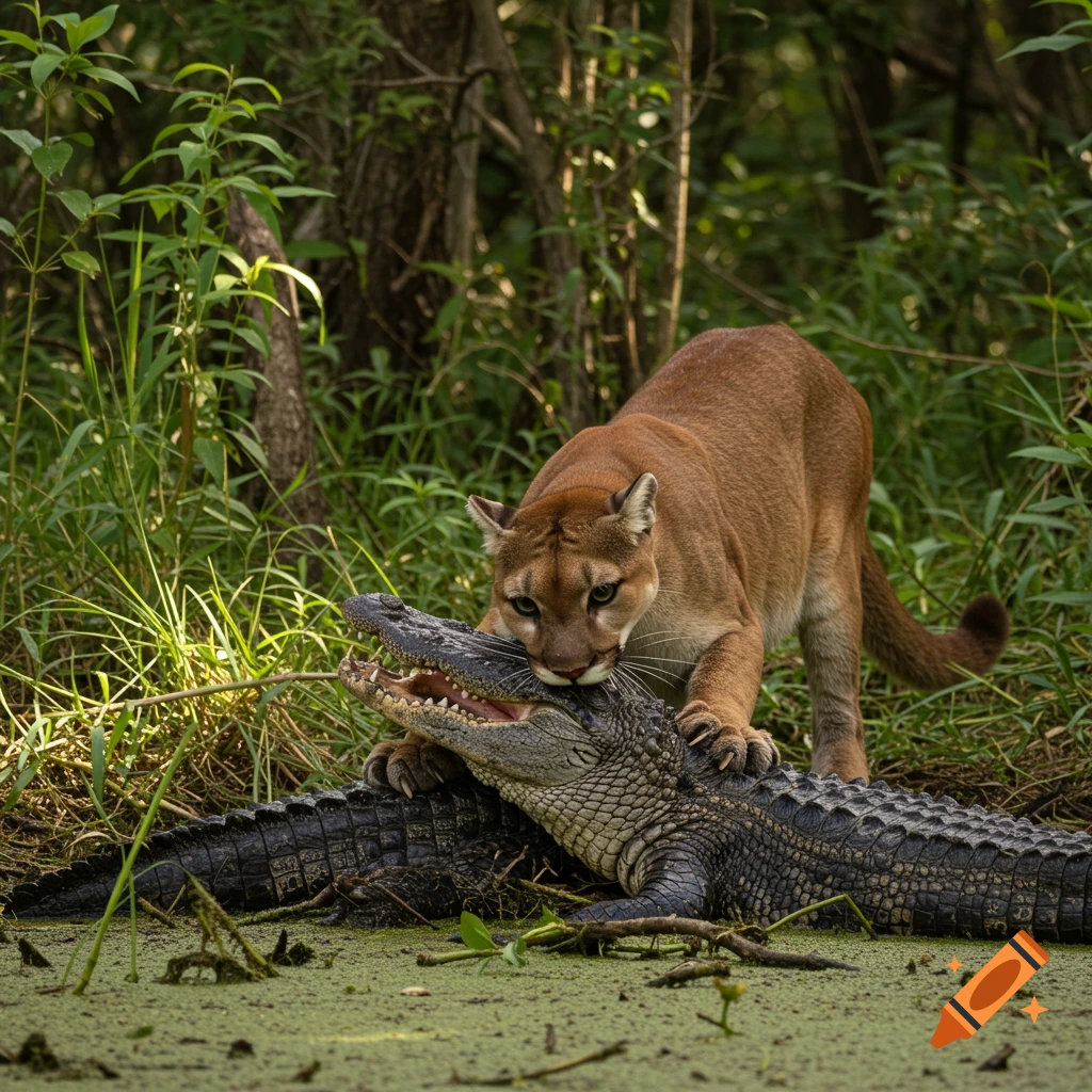 A cougar attacks a large alligator in a swamp.