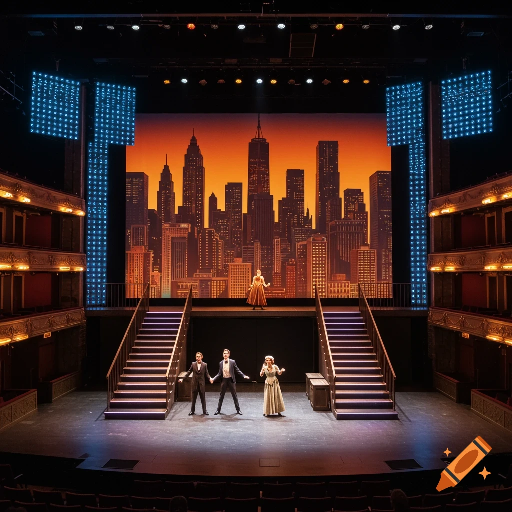 A theater stage is set with actors performing in front of a cityscape backdrop.