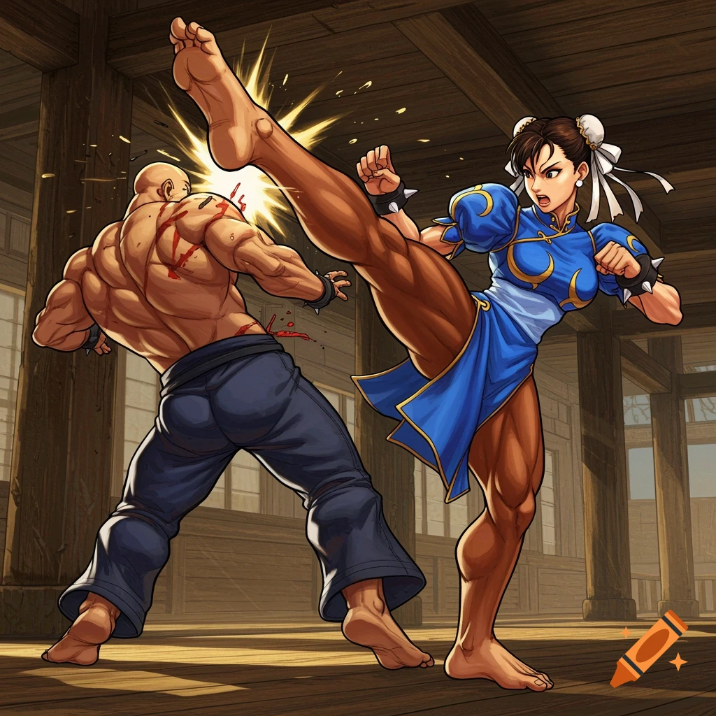 Chun-Li from Street Fighter delivers a powerful kick to an opponent in a dojo, anime style.