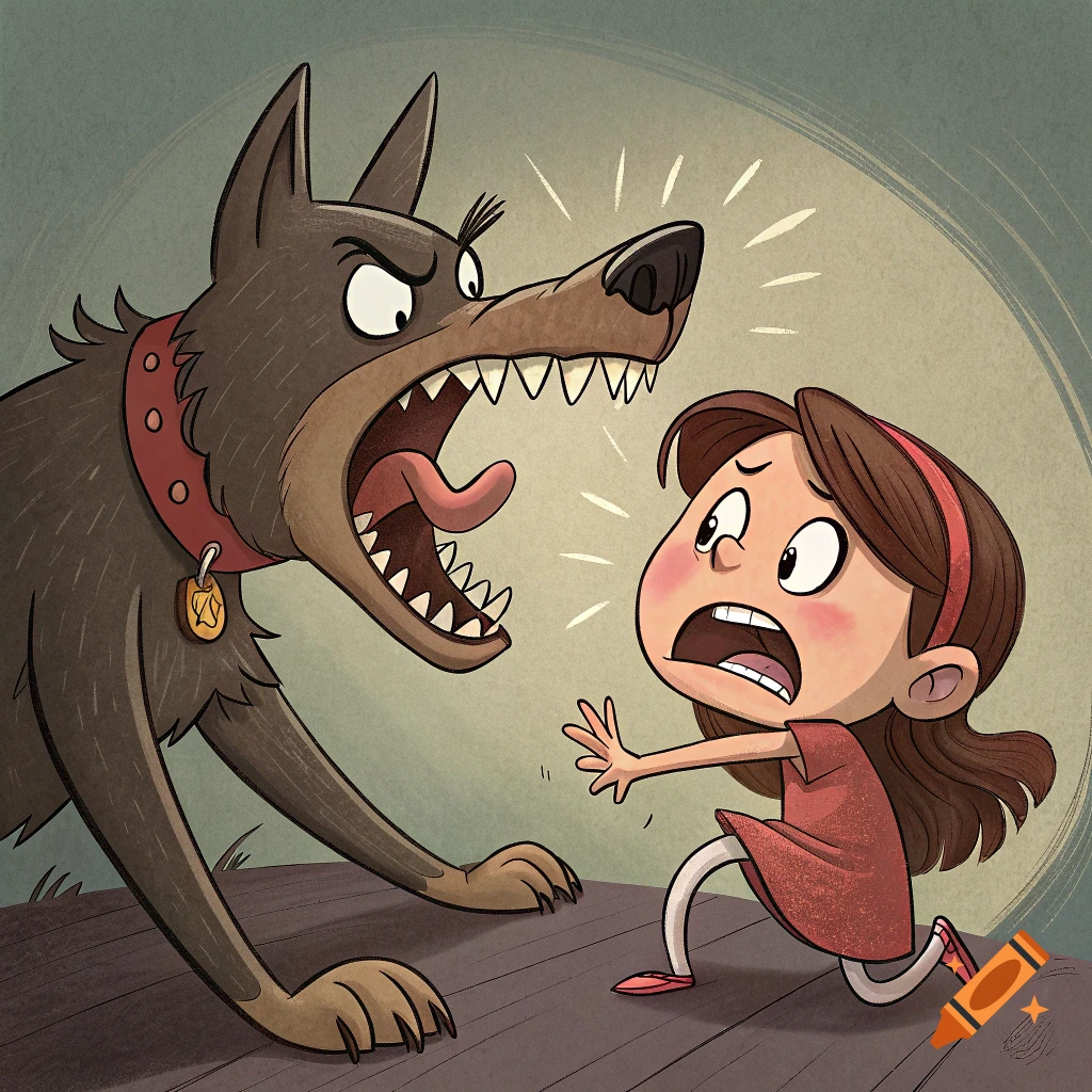 Cartoon illustration of a scary barking dog lunging at a terrified girl running away.