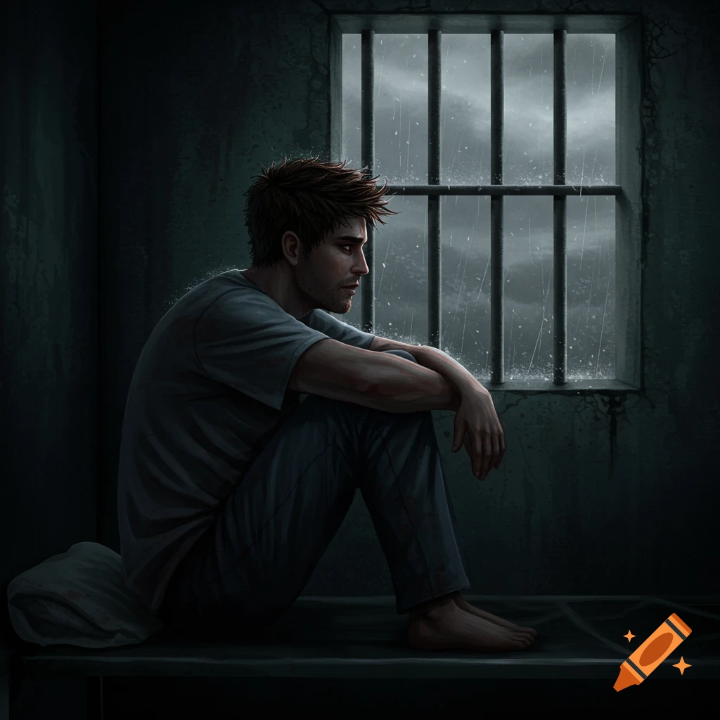Sad man in jail cell looks out window at rain.