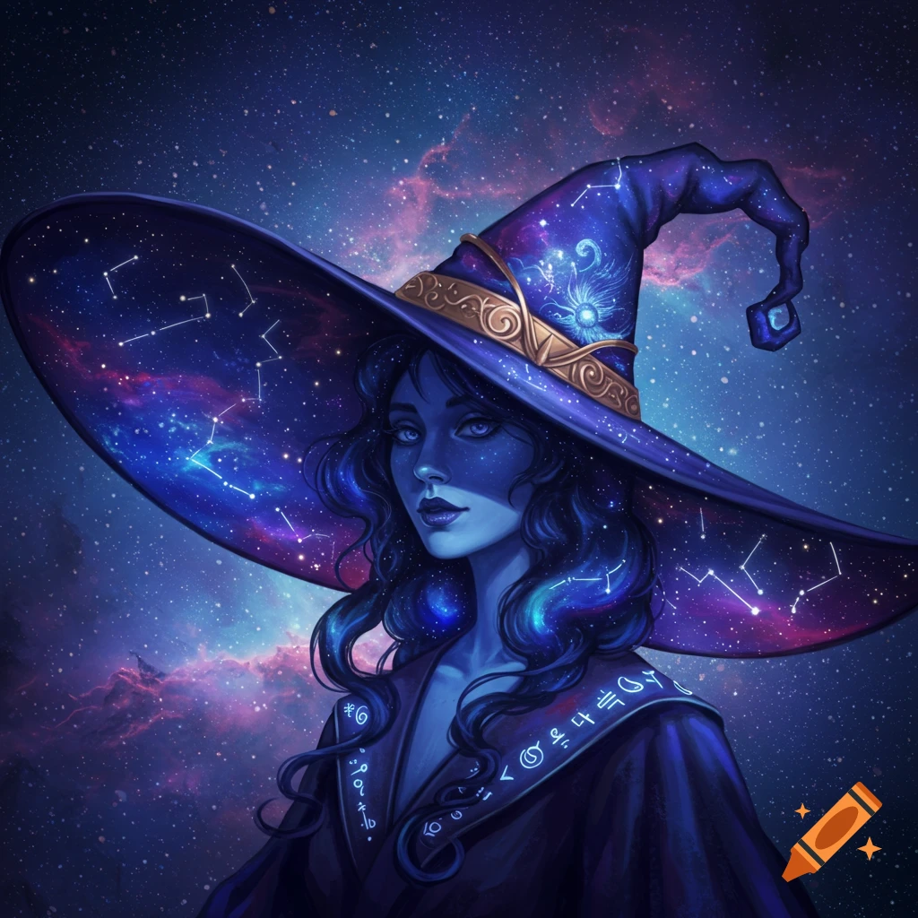 A witch wearing a large galaxy hat and cloak against a starry background.