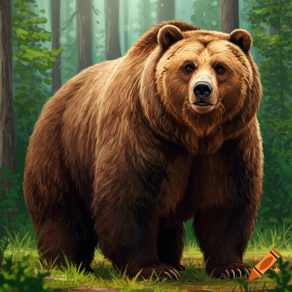 A large brown bear stands in a forest.