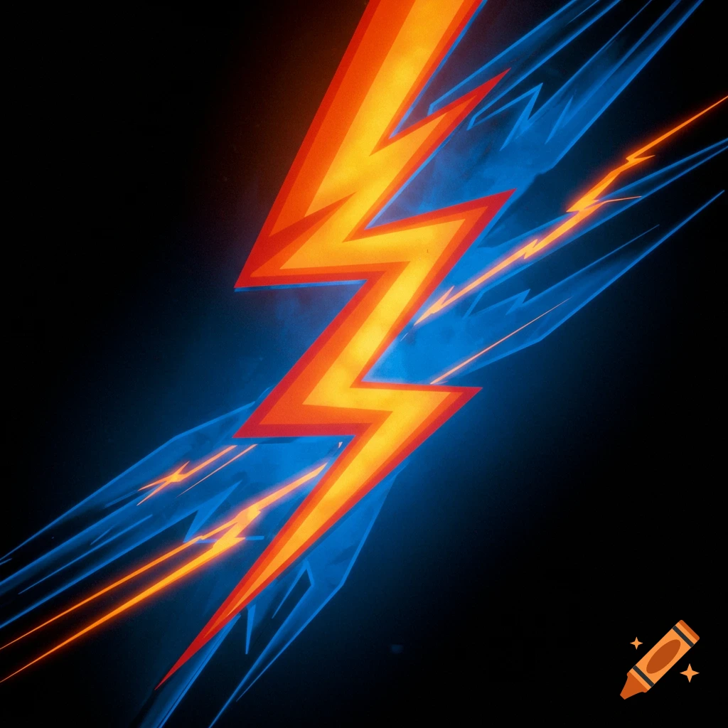 Orange and yellow lightning bolt on a dark background with blue abstract shapes and orange streaks.