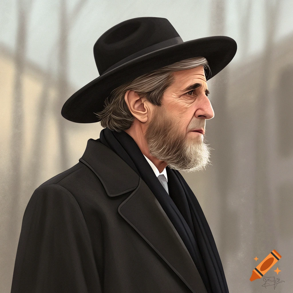 Image of John Kerry depicted as an Orthodox Jew, wearing a black hat, coat, and beard.