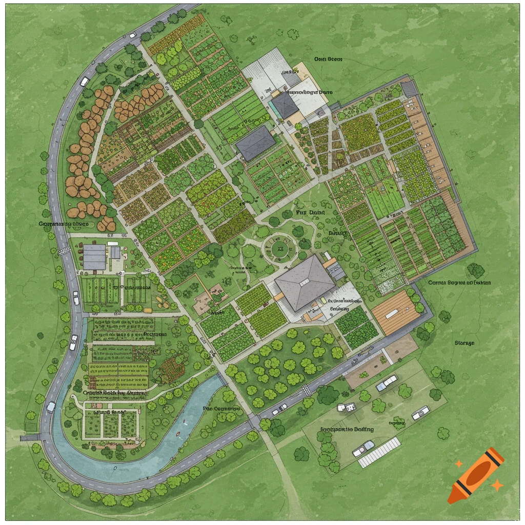 Aerial illustration of a sustainable farm layout, showing fields, buildings, roads, composting area, storage, and a moat.