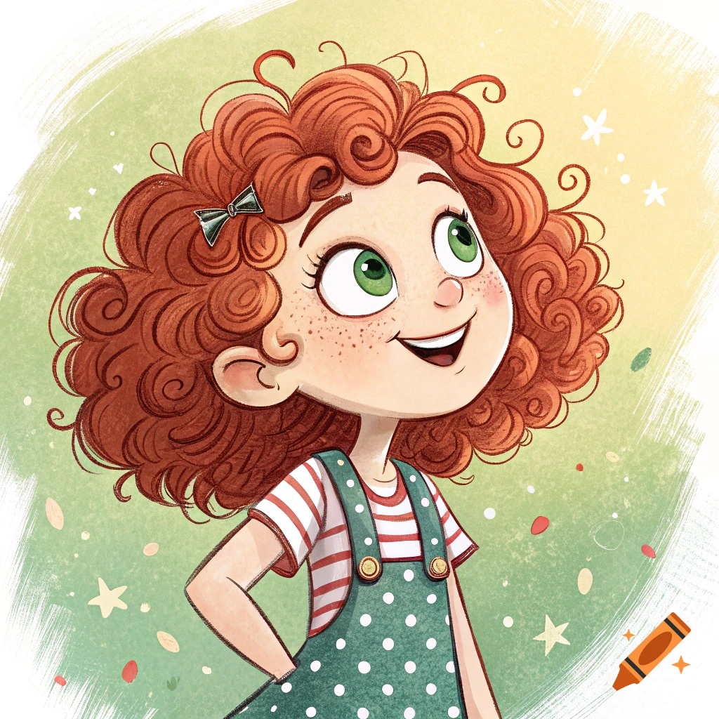 Illustration of a smiling girl with red curly hair looking up.