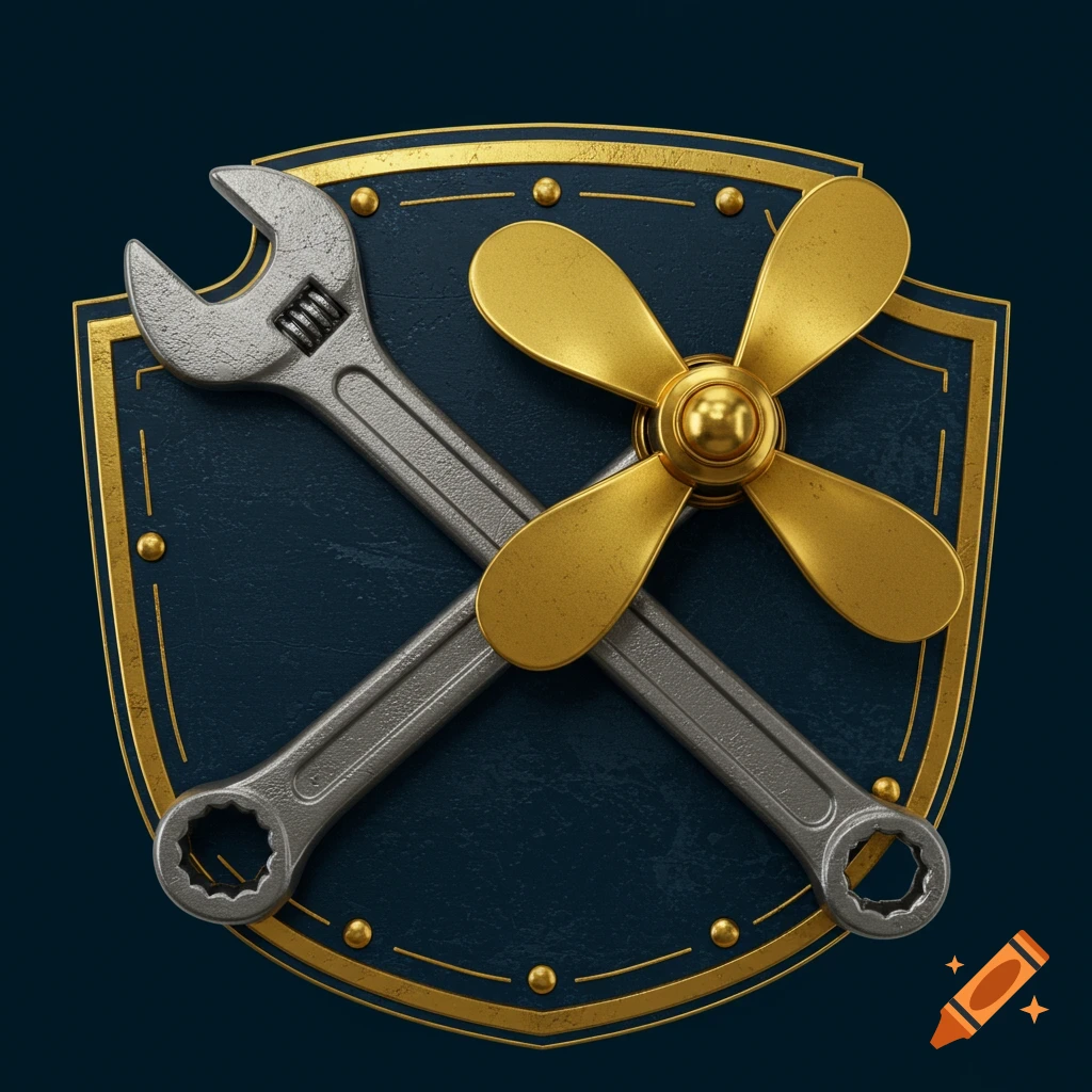 A vintage-style emblem showing a crossed wrench and propeller on a dark blue shield with gold trim.