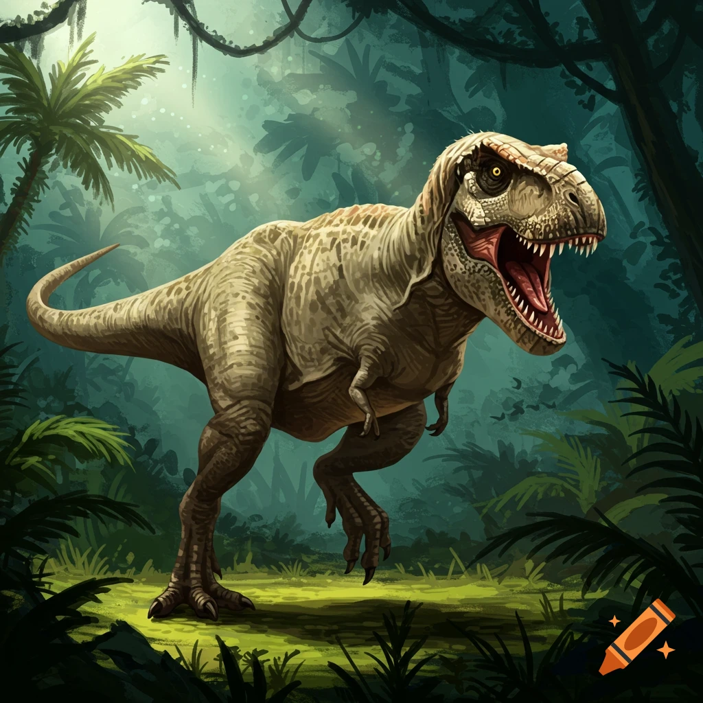 A detailed depiction of a Tyrannosaurus Rex roaring in a lush, sunlit jungle.