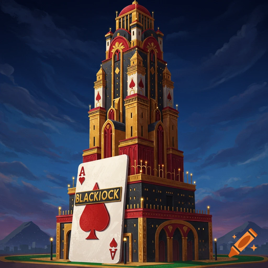 An elaborate tower resembling an ace of spades playing card against a dramatic sky.