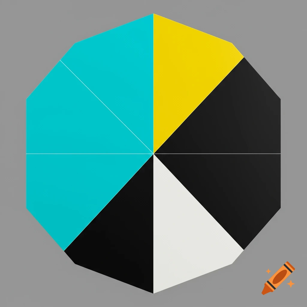 An octagon shape divided into turquoise, yellow, black, and white diagonal sections on a gray background.