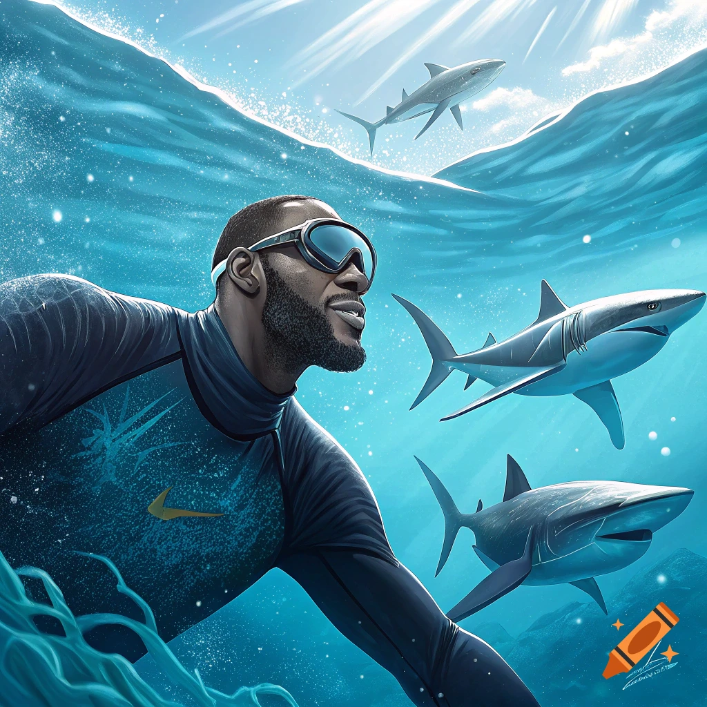 Illustration of a man resembling LeBron James swimming underwater with sharks.
