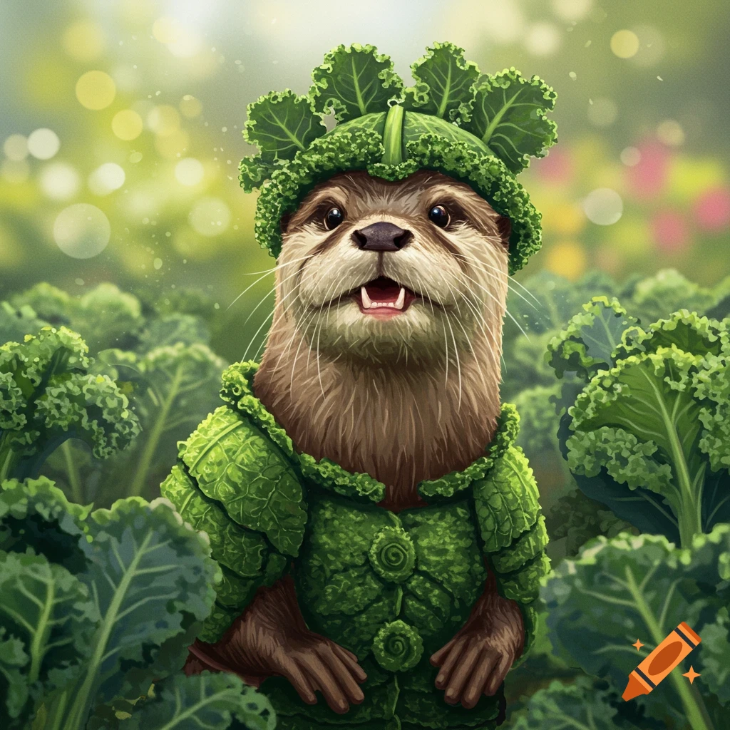 An otter wearing armor made of kale, standing in a field of kale.