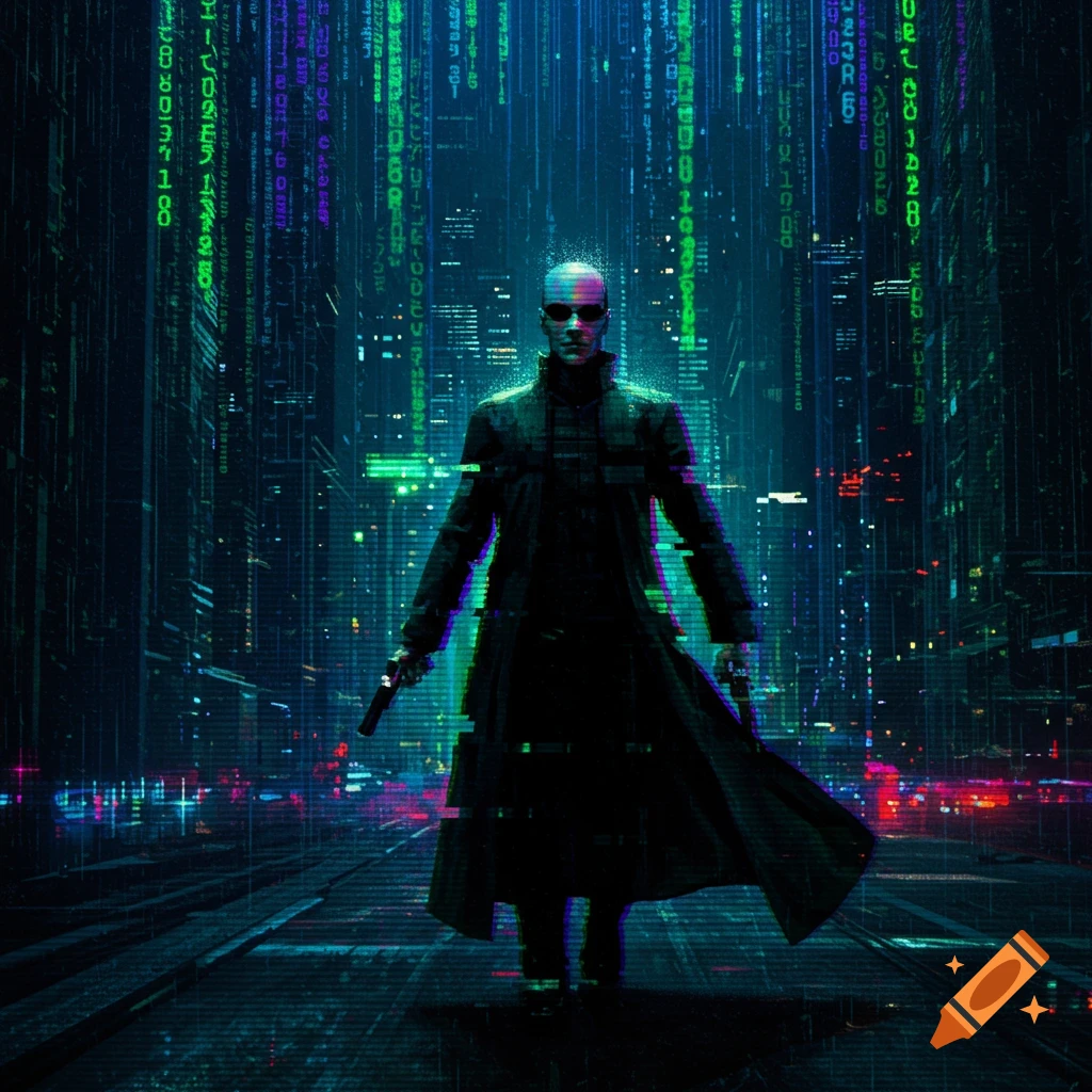 Figure in coat and sunglasses stands in digital city with green code rain.