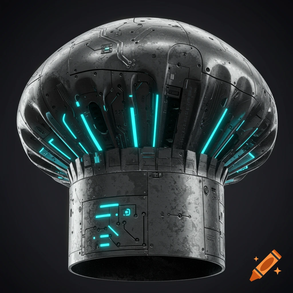 A detailed futuristic metallic chef hat with glowing blue lights.