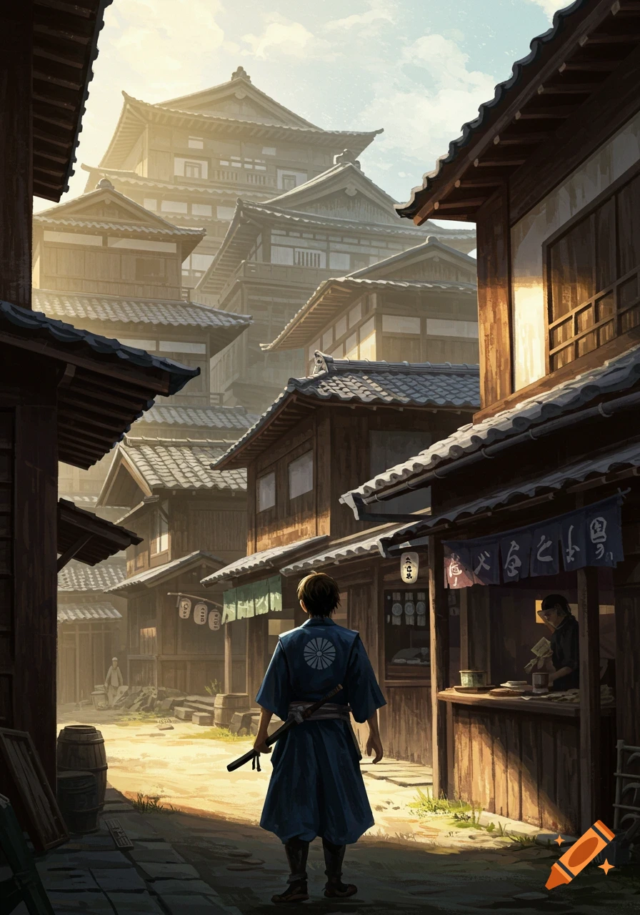 A samurai walks through a traditional Japanese town towards a large tiered building.