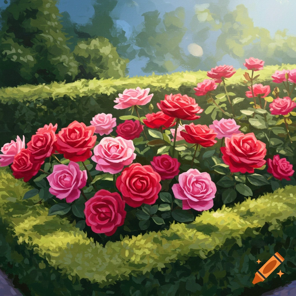 Pink and red roses in a rectangular flower bed within a garden.