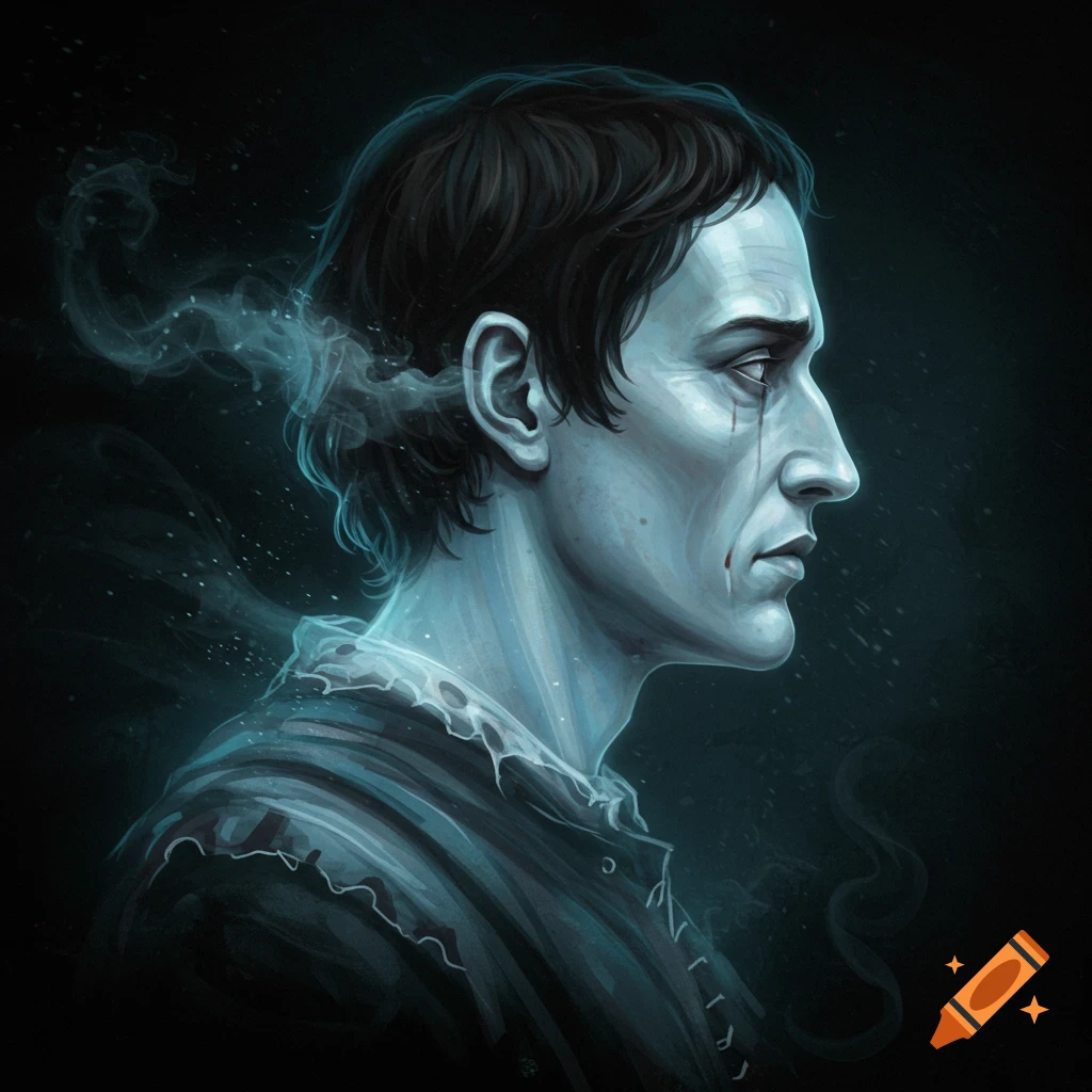 Profile of a ghostly man with a blood tear