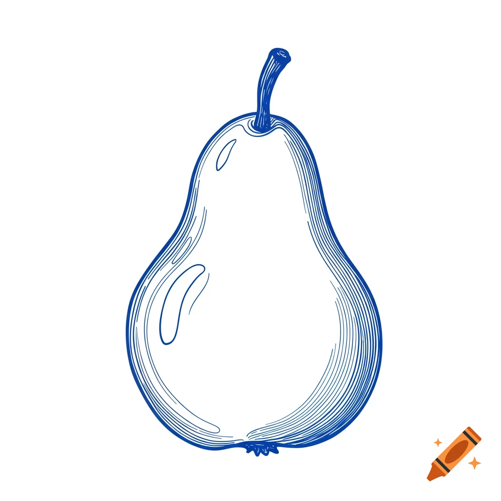 A blue line art drawing of a pear.