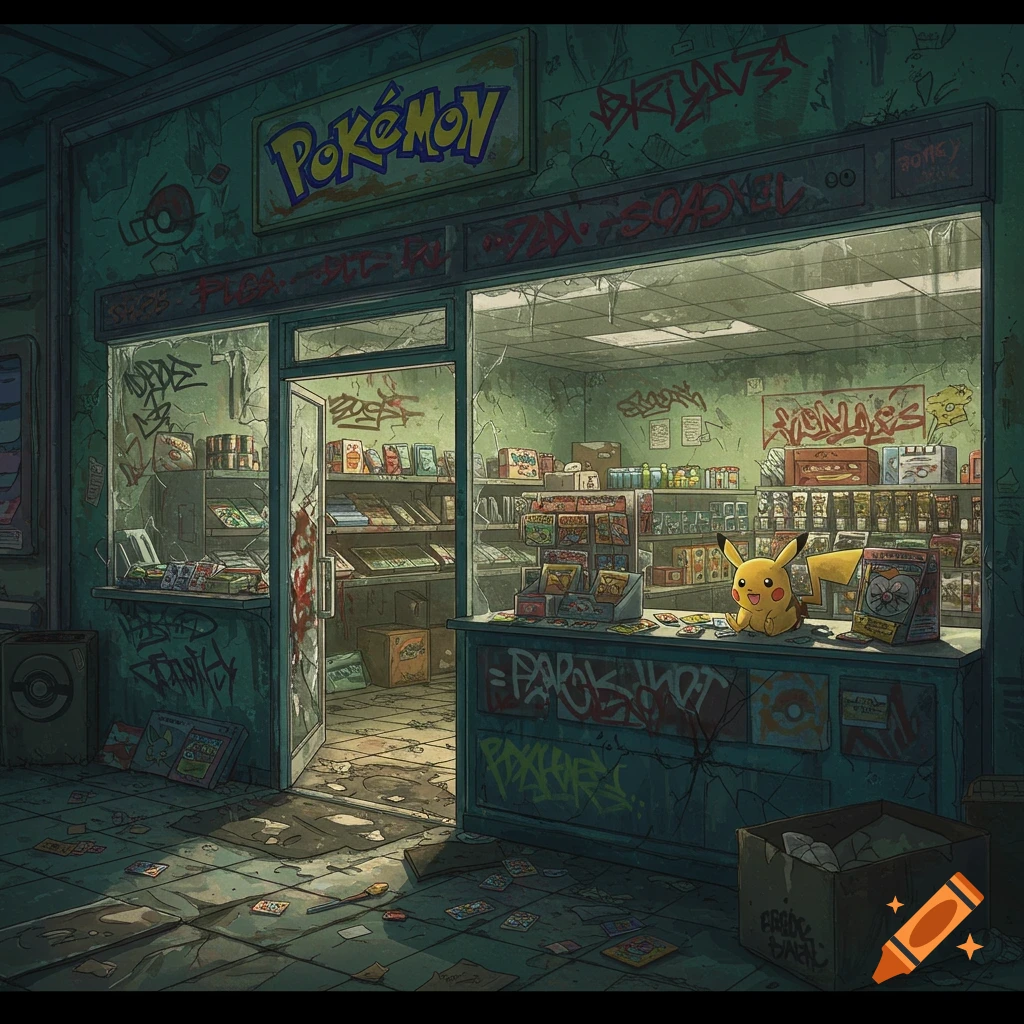 A condemned Pokemon store with graffiti and a Pikachu figurine.