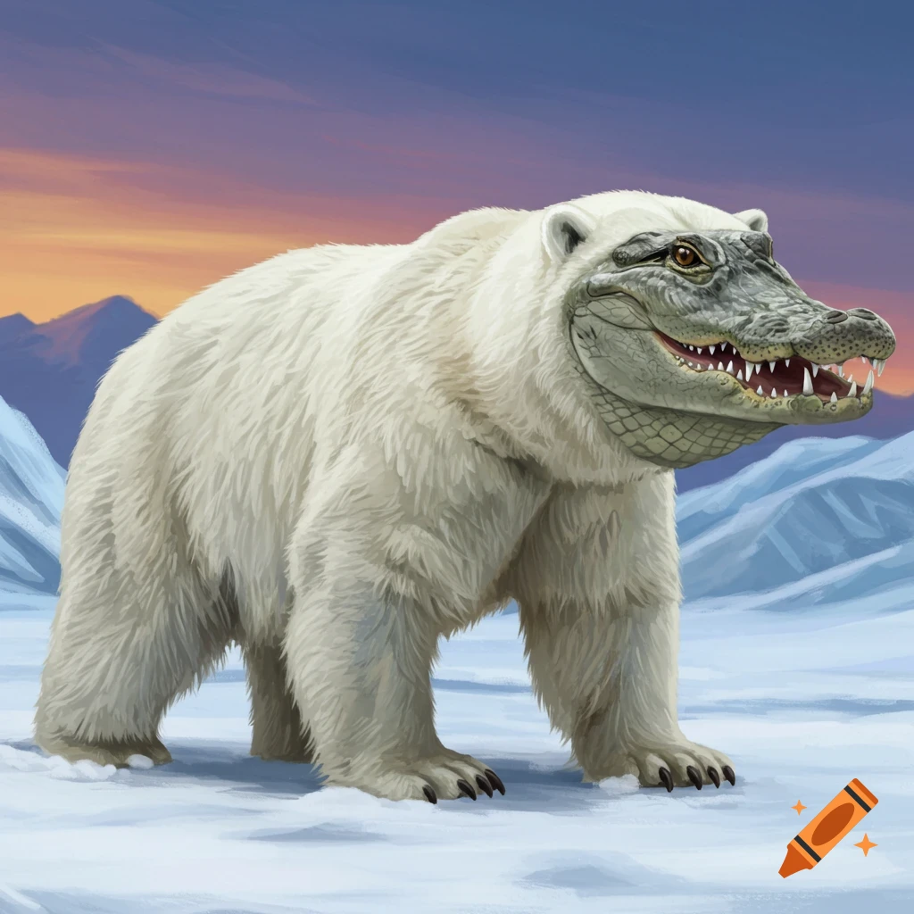 A polar bear and alligator hybrid stands in a snowy landscape.
