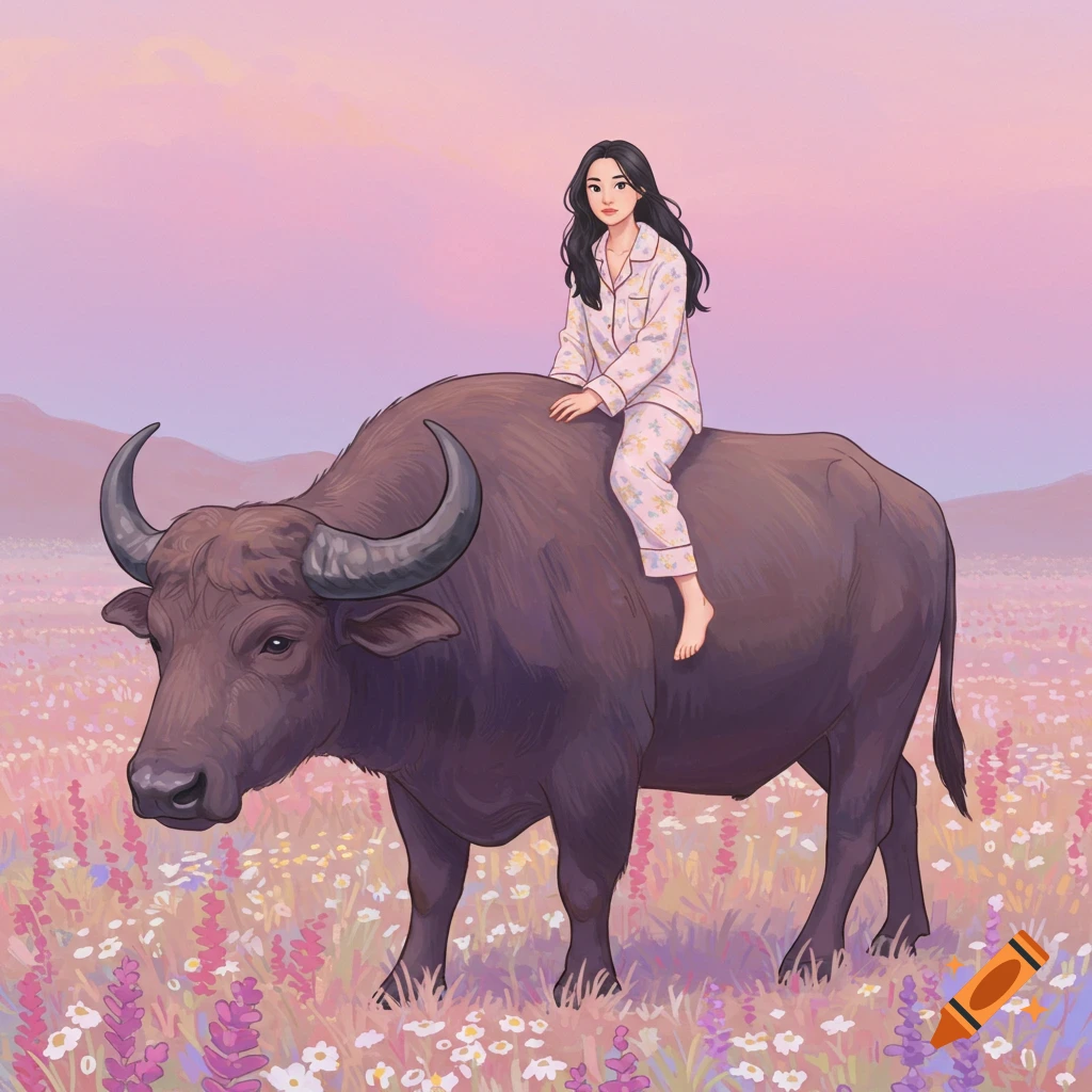 A woman in pajamas riding a buffalo in a field of flowers