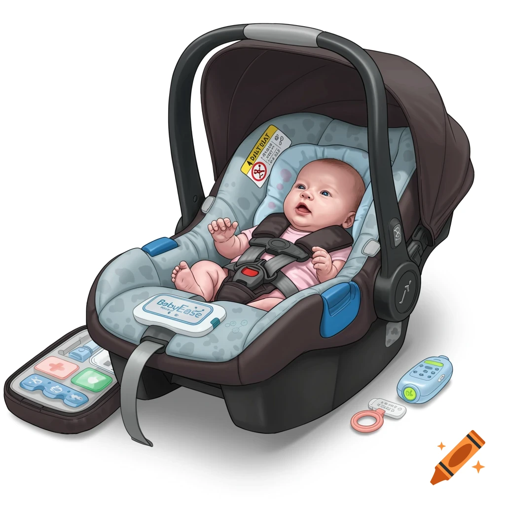 A baby is secured in a car seat with monitoring devices nearby.