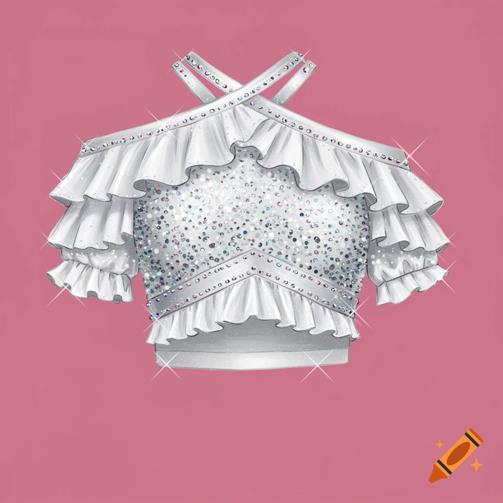 Sparkly white cheer uniform top with ruffles on a pink background.
