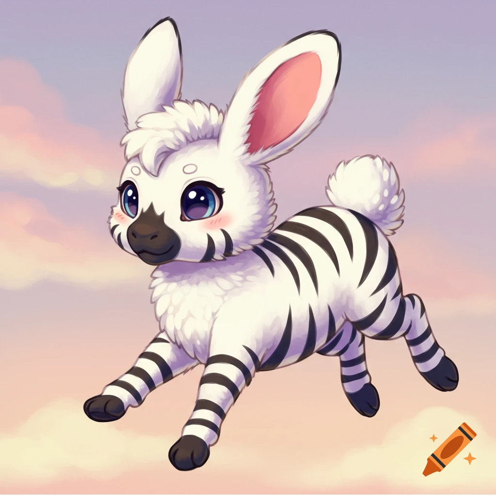 Cute bunny zebra hybrid floating in pastel clouds.