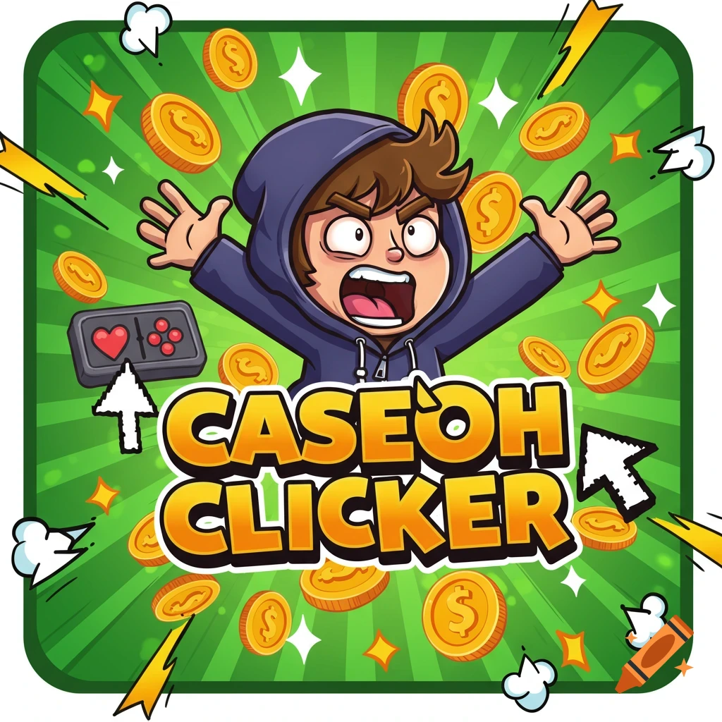 Cartoon logo for CaseOh Clicker game with excited character, coins, cursors, and rays.