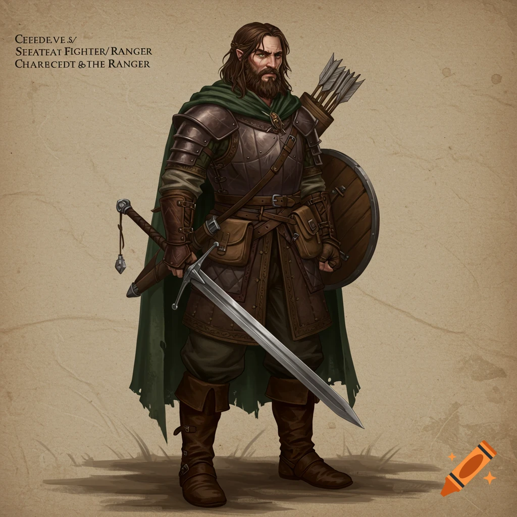 A fantasy fighter or ranger in armor holding a sword and shield.