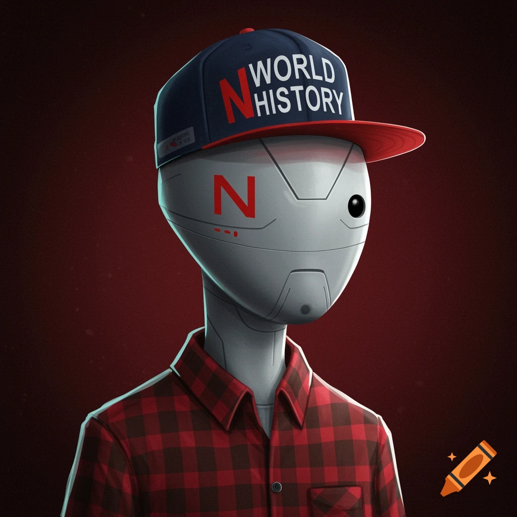 A stylized robot character in a plaid shirt and a baseball cap that says World History.