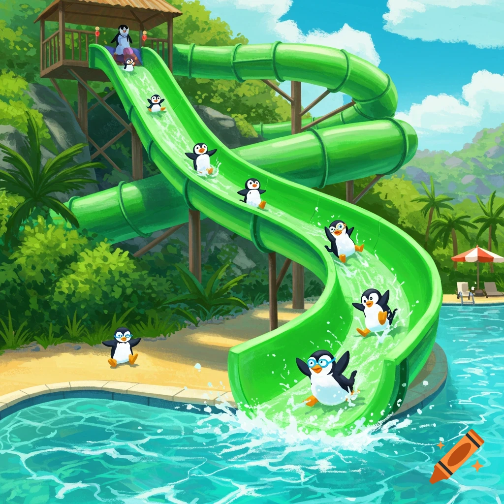 Happy penguins sliding down a green water slide at a water park.