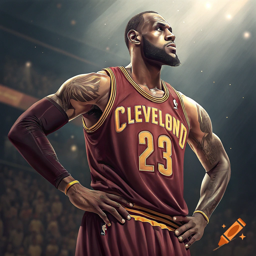 Illustration of LeBron James in a Cleveland Cavaliers jersey posing in an arena.