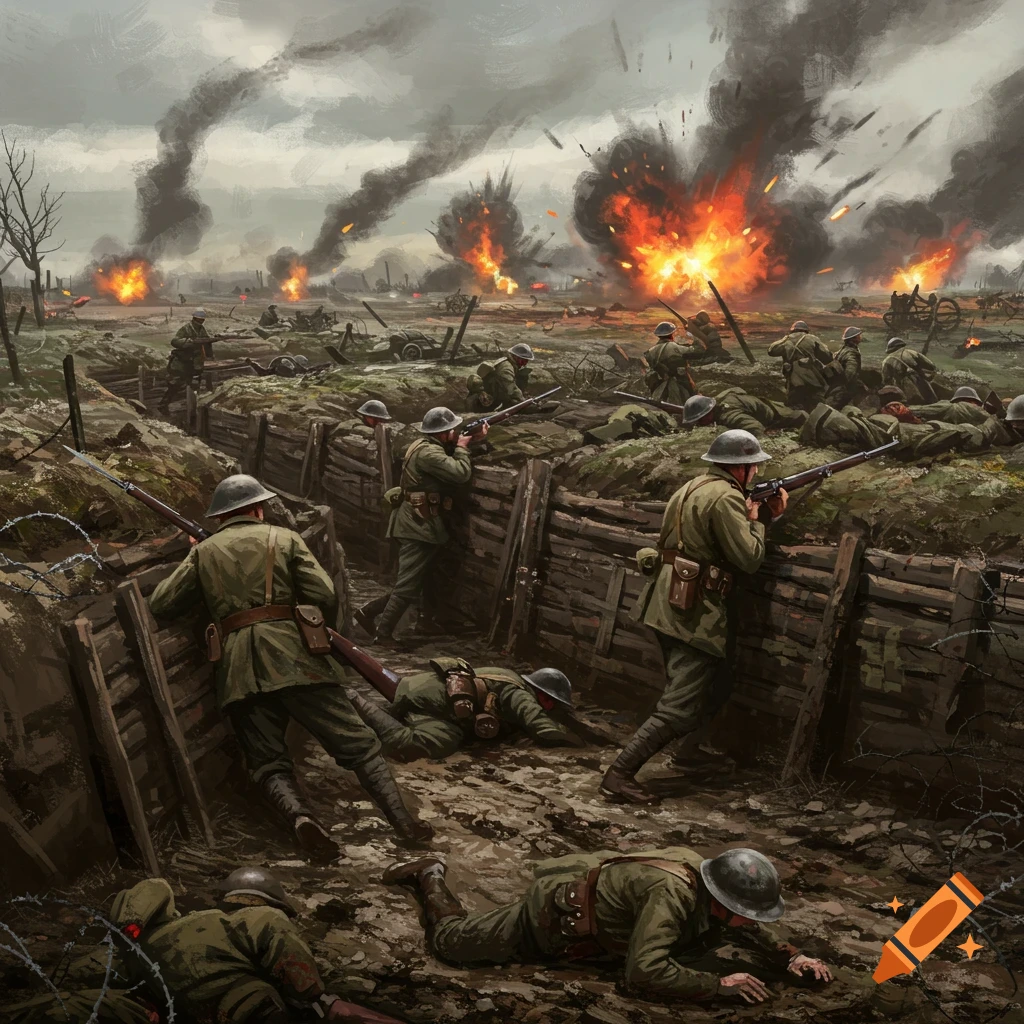 World War One soldiers fighting in trenches with explosions and smoke.