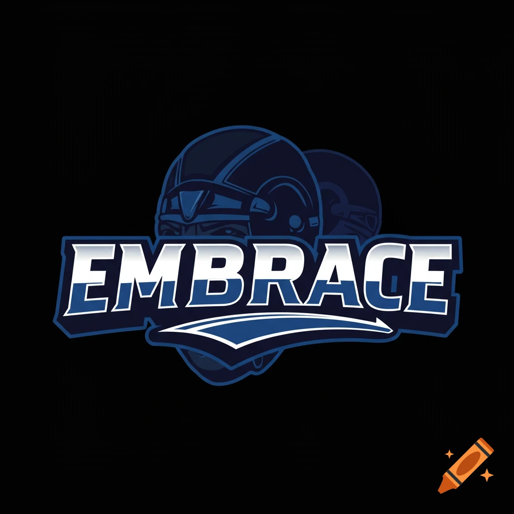 Logo with the word EMBRACE and athletic helmets.