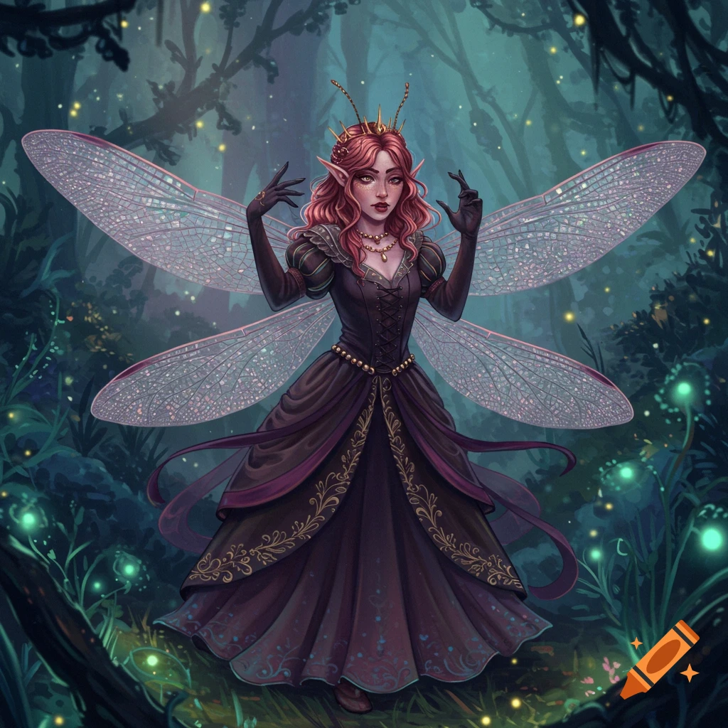 A fairy with dragonfly wings and a dark dress in a forest