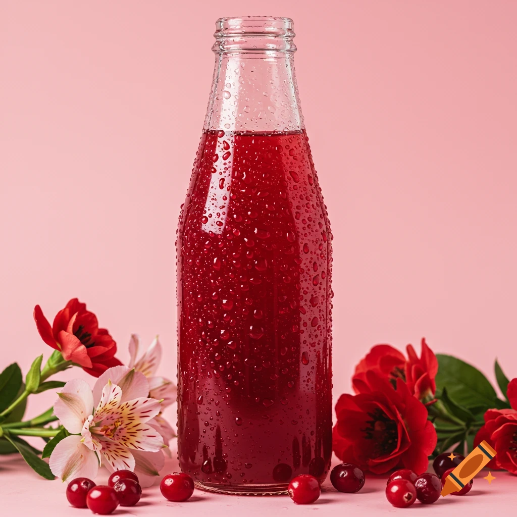 Glass bottle of cranberry juice with water drops, surrounded by flowers and cranberries on a pink background.