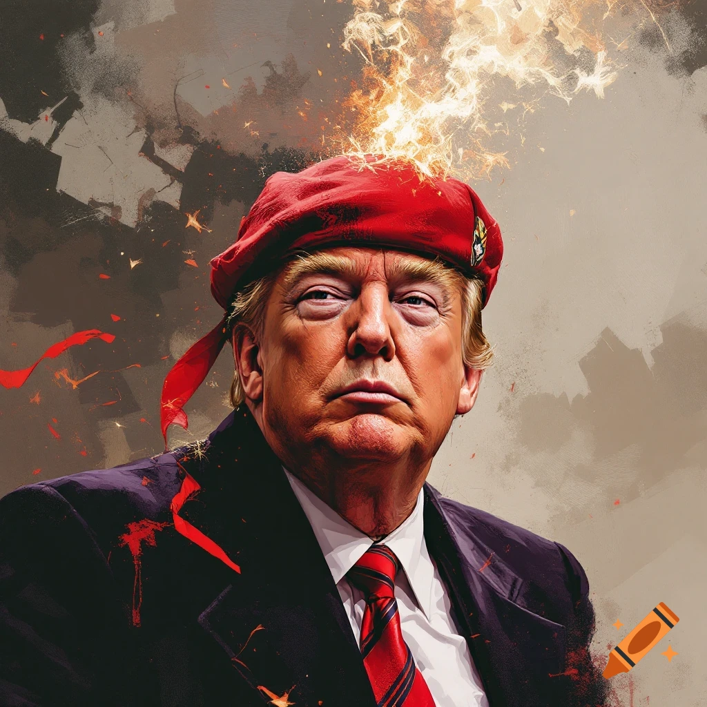 Donald Trump in a red beret with stylized fire and smoke.