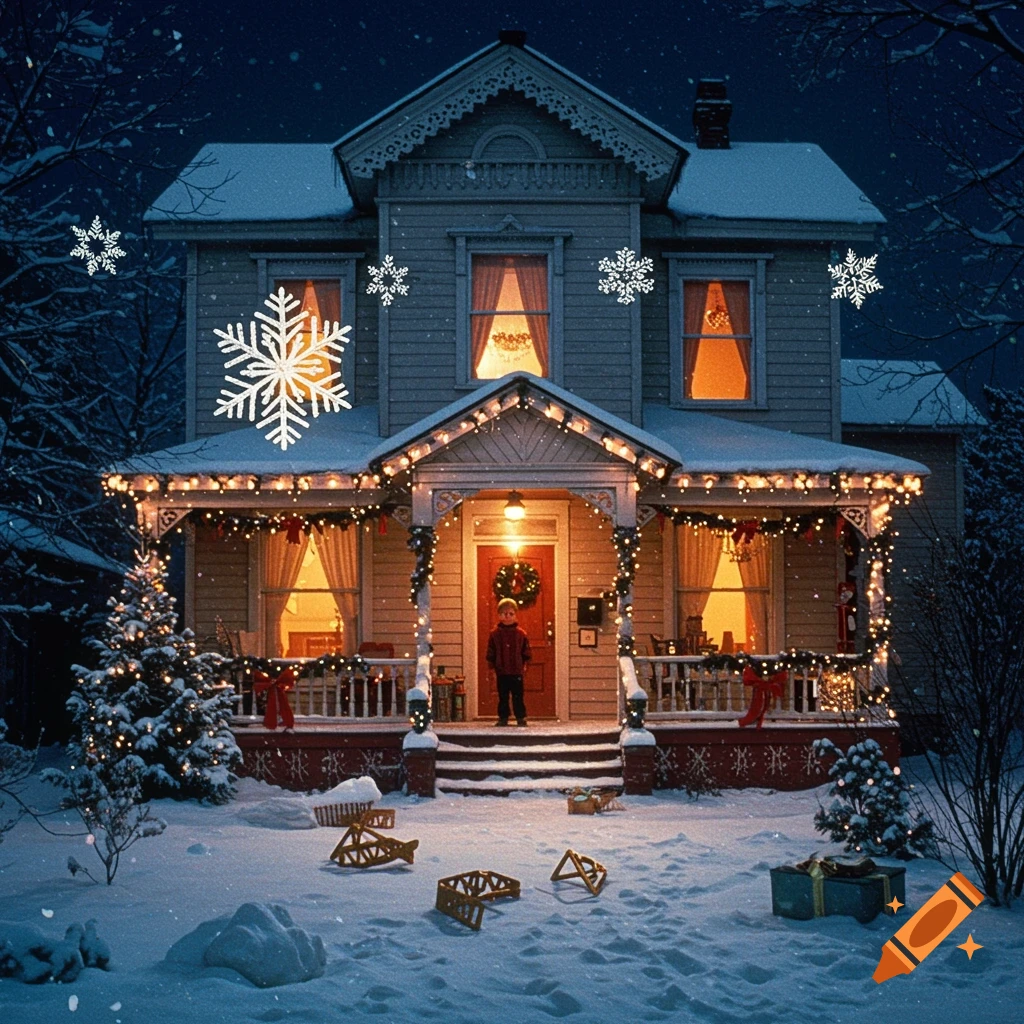 A large house decorated with Christmas lights and snowflakes in the snow at night, with a child on the porch.