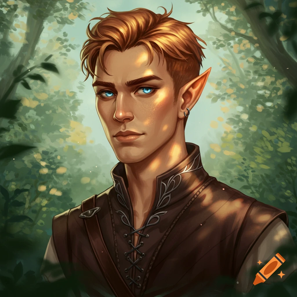 Portrait of a young male half-elf with amber hair, blue eyes, and pointed ears in a forest.