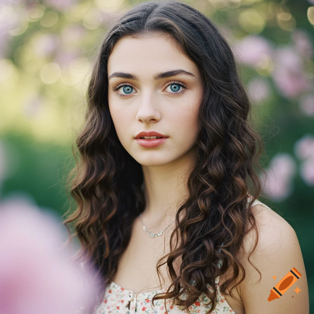 Close-up portrait of a young woman with blue eyes and curly hair against a blurry floral background.