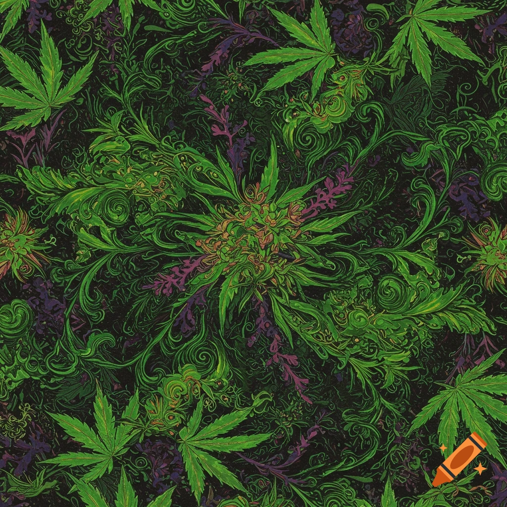 A dark digital art seamless pattern featuring green cannabis leaves and swirling abstract forms.