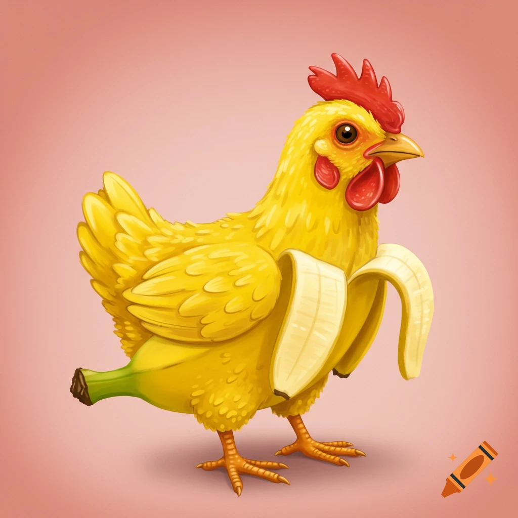 A chicken with a peeled banana for a body and tail is shown against a pink background.