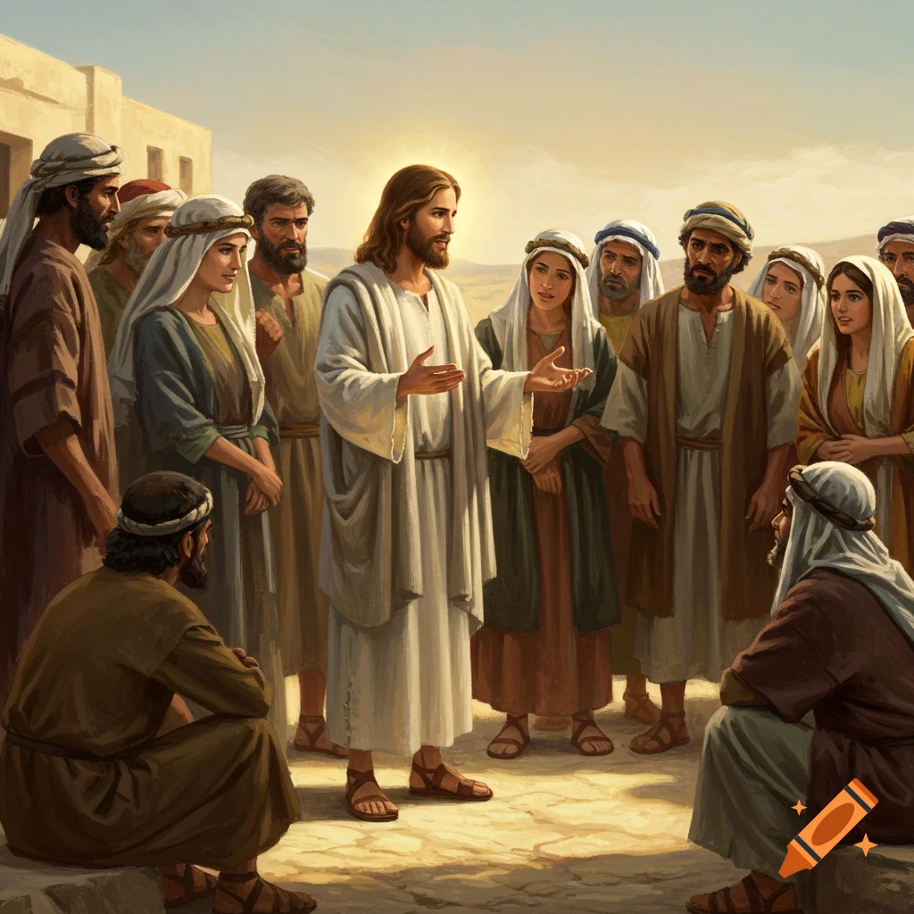 Jesus talking to a crowd in a desert setting.