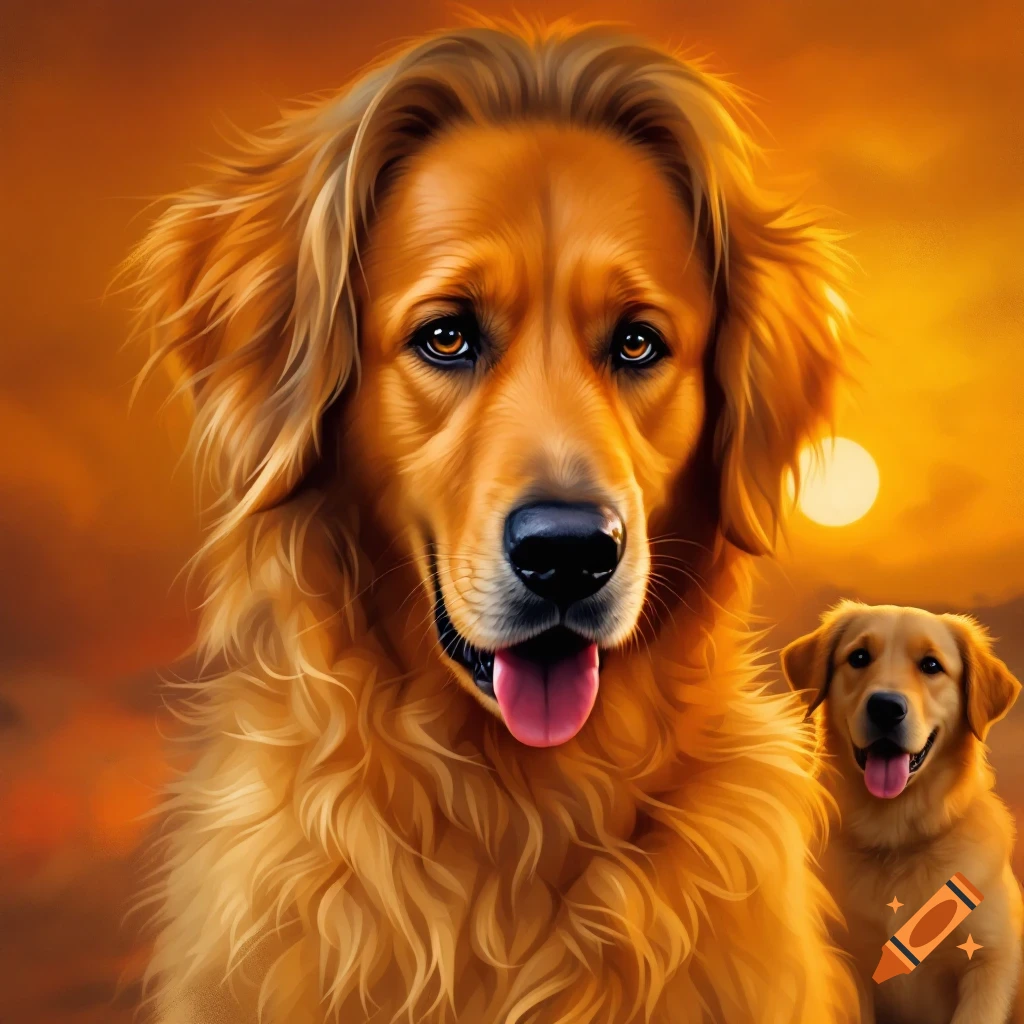 Two golden retrievers pose at sunset.